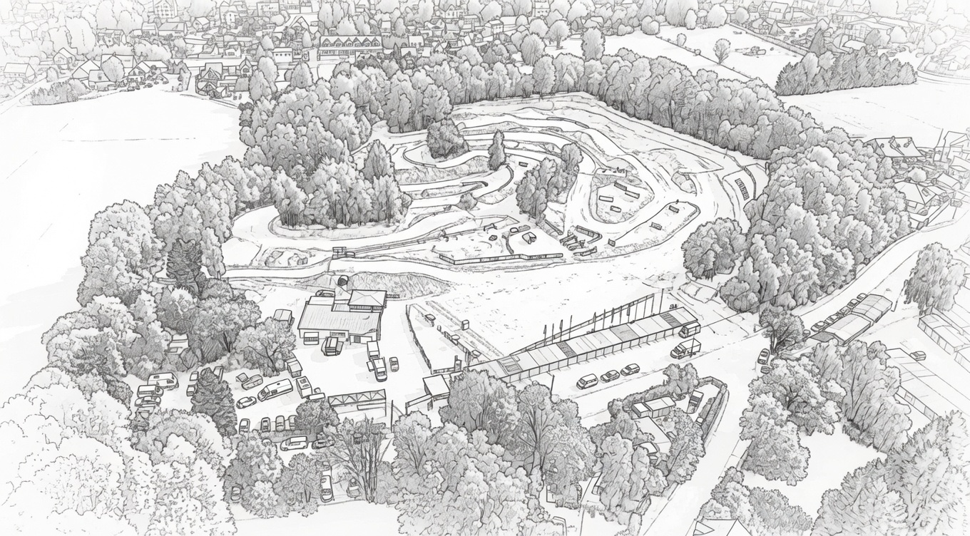 Luftbild-Illustration der heutigen Glück-Auf-Rennstrecke mit Streckenverlauf, Fahrerlager, Vereinsgebäude und Zuschauerbereich